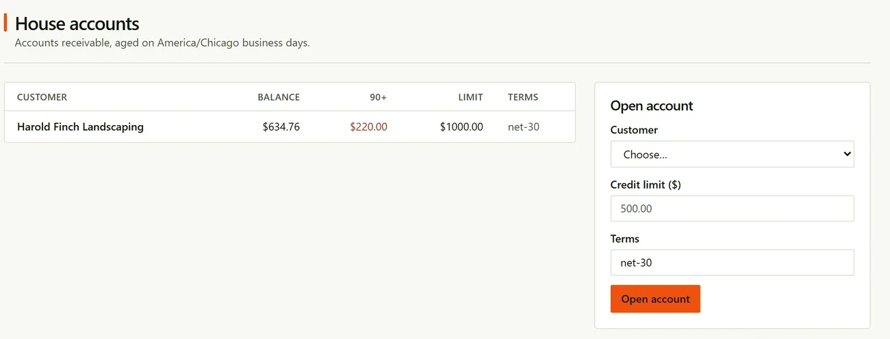 The Cultivarus accounts receivable page, showing house account balances bucketed by age