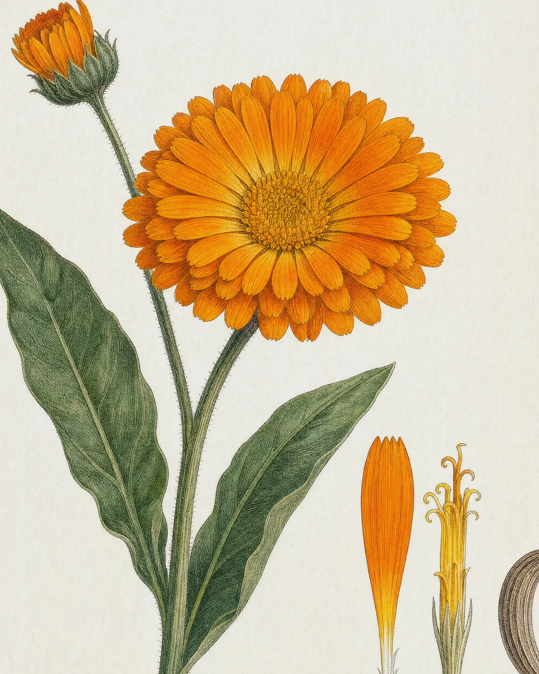 Botanical plate of calendula in flower with seed head, hand-drawn