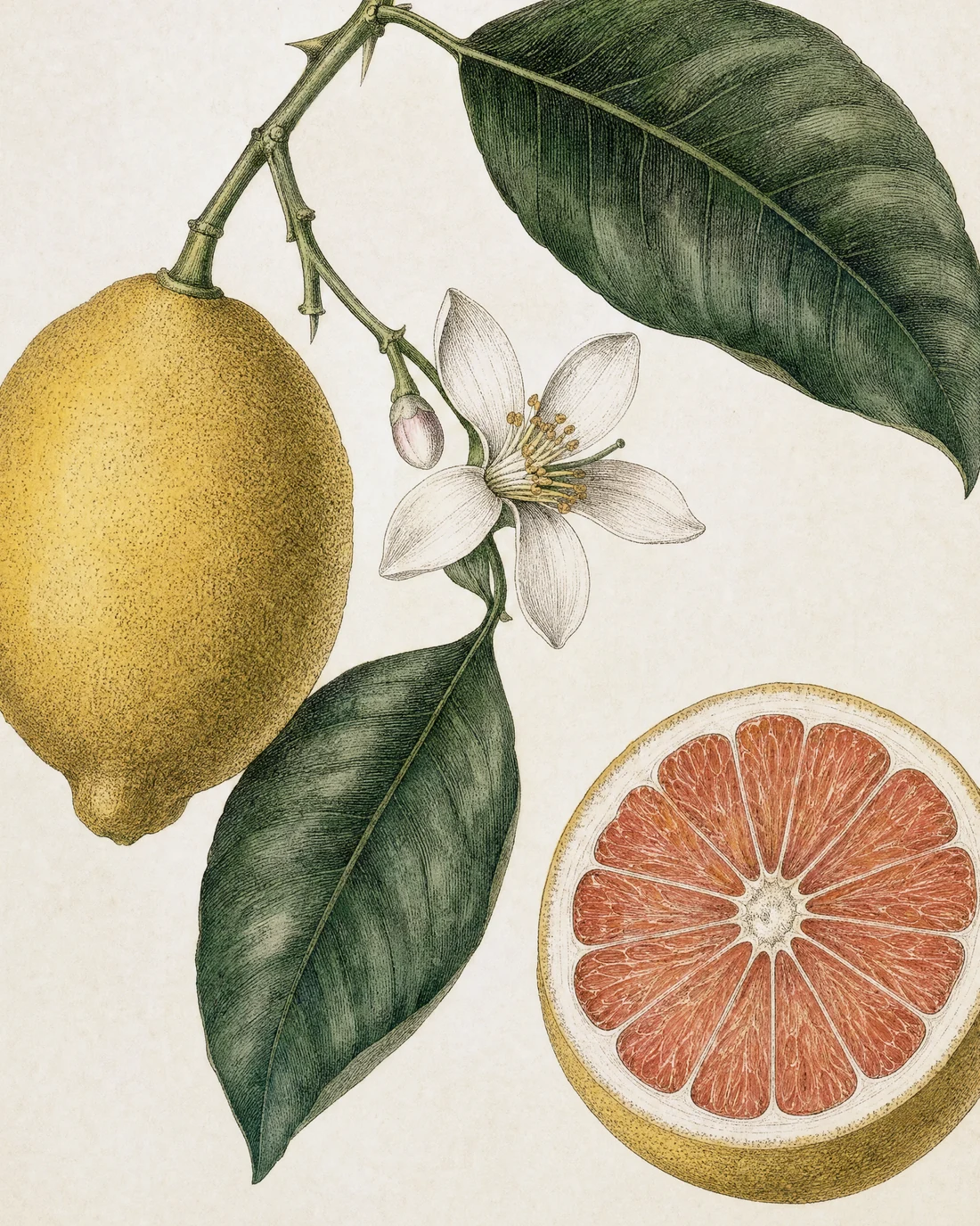 Botanical plate of a Meyer lemon branch — fruit, leaf and section, hand-drawn