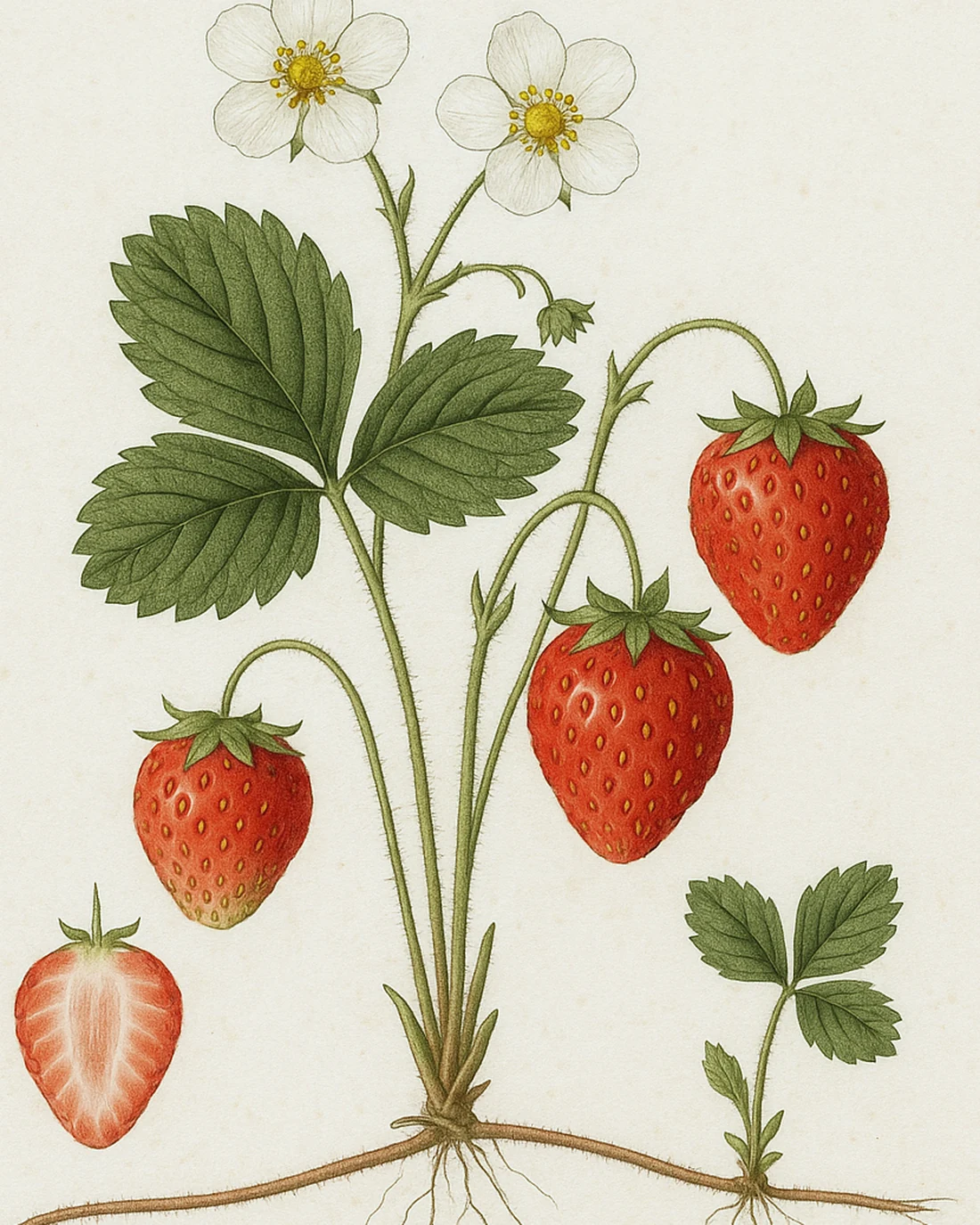 Botanical plate of a garden strawberry — flower, fruit, sectioned fruit and a rooting runner, hand-drawn